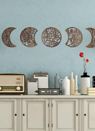 Moon Phase Wooden Wall Art Set of 5 - Nordic Boho Aesthetic Decor for Bedroom, Living Room, and Dorm (Brown, 10.6 Inch, Botanical)