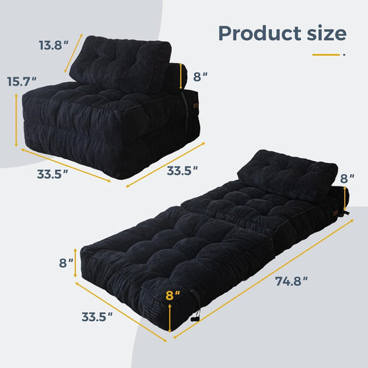 Folding Sofa Bed, Convertible Sleeper Chair with Pillow Foldable Mattress with Back Support, Portable Fold Out Chair Bed Comfy Floor Sofa Lounge for Living Room Bedroom, Black, Single