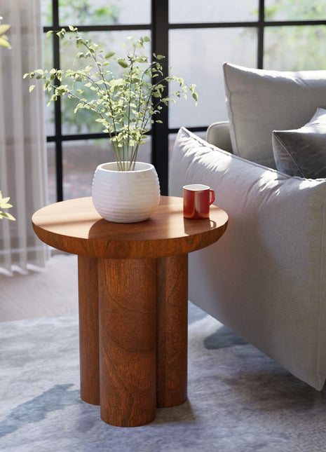 Gaia Round End Table - Solid Mango Wood for Rustic Elegance in Living Room and Farmhouse Décor - Versatile Side Table and Nightstand in Walnut Finish