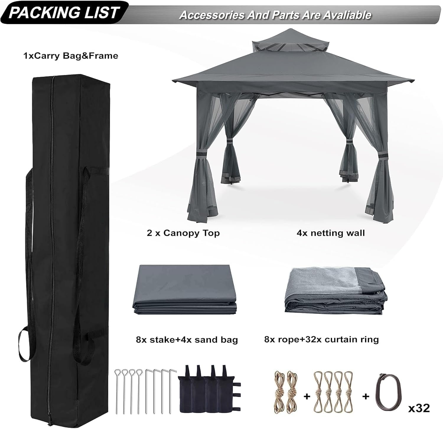 Pop up Gazebo 13X13 - Outdoor Canopy Tent with Mosquito Netting for Patio Garden Backyard(Gray)