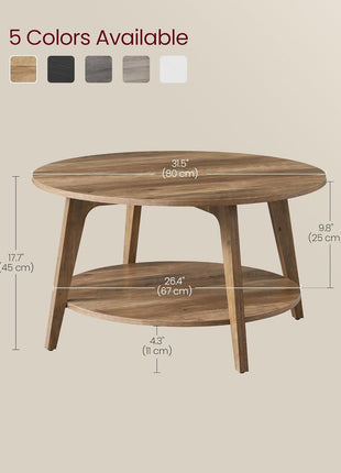 MAEZO Collection Round Coffee Table - 2-Tier Center Table with Storage, Tapered Legs, Curved Transitions, 31.5" Diameter x 17.7" Height, Easy Assembly, Honey Brown Finish for Living Room