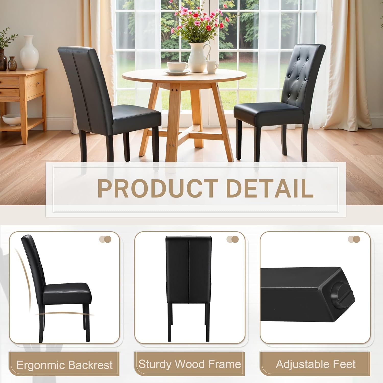 Upholstered Dining Chairs Set of 2, PU Leather Dinning Room Chairs, Button Tufted Kitchen Chairs with Adjustable Wood Legs for Dining Room/Living Room/Restaurant (Leather Black, 2)