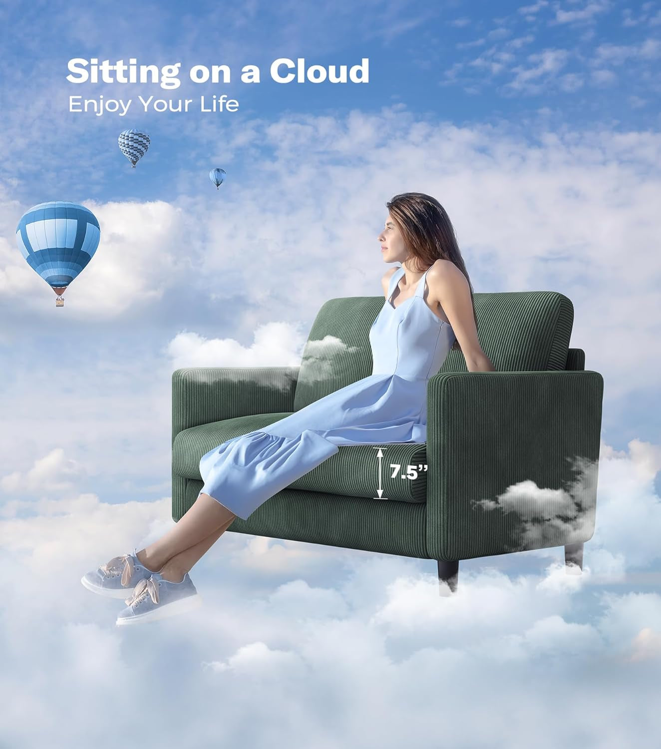 Loveseat Sofa, 51" Love Seat, Comfy Corduroy Small Loveseat for Small Spaces, Tool-Free Setup Couch for Bedroom, All-Wood Couches for Living Room, No Pillow Included, Green