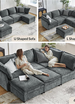 Oversized Modular Sectional Sofa - 8-Seat U-Shaped Couch with Storage Ottoman, Comfortable Chenille Fabric, Deep Seat, Convertible Design for Living Room, Grey