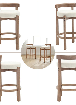 Set of 2 Mid-Century Modern Linen Upholstered Bar Stools, 26.5-Inch Counter Height with Solid Wood Legs for Kitchen Island and Dining Room, Beige