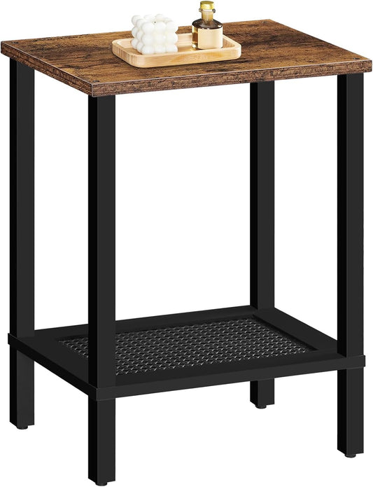 End Table, Small Side Table with 2-Tier Storage Shelves, Nightstand with Faux Rattan Decoration, for Living Room, Bedroom, Rustic Brown and Black BF91BZ01