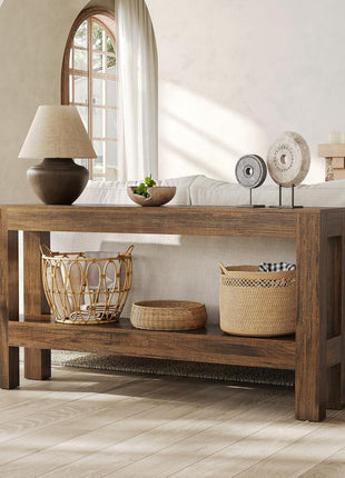 63-Inch Farmhouse-Style Wooden Console Table with Two-Tier Shelves for Living Room, Hallway, and Foyer in Brown Finish