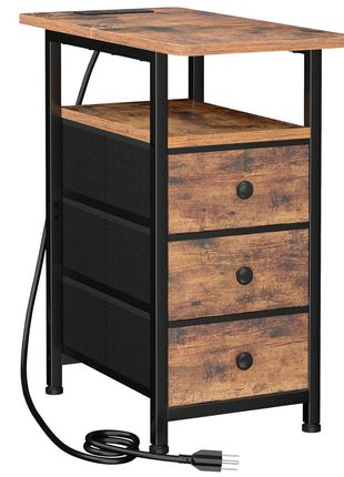 Rustic Brown End Table with Integrated Charging Station, Slim Nightstand with USB Ports and Outlets, Compact Side Table with Three Fabric Drawers for Limited Spaces, Model HETN013BR-1