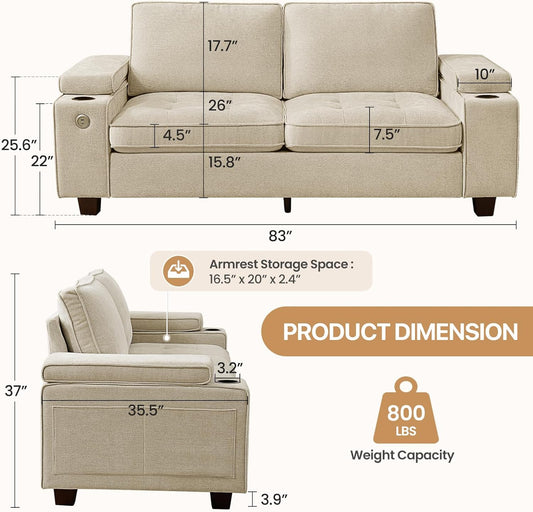 74" Loveseat Couch for Living Room, Modern Chenille Upholstered Sofa with Adjustable Armrest,Storage,Cup Holders,Usb & Type-C Ports,Solid Wood 2-Seater Loveseat Sofa for Apartment(Beige)
