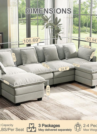 107" U-Shaped Modular Cloud Couch Sectional Sofa, 4-Seat Deep Seating with 6 Removable Washable Pillows and 2 Ottomans, Ideal for Living Room, Bedroom, or Apartment in Light Grey