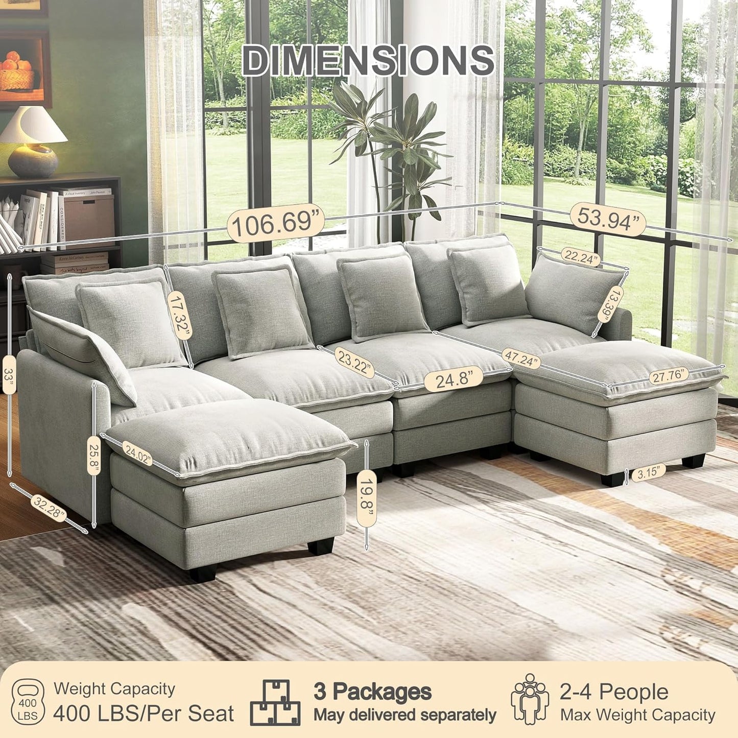107" Cloud Couch Sectional, U Shaped Modular Sectional Sofa, 4-Seat Deep Seat Couch with 6 Removable Washable Pillows and 2 Ottoman for Living Room, Bedroom, Apartment, Light Grey