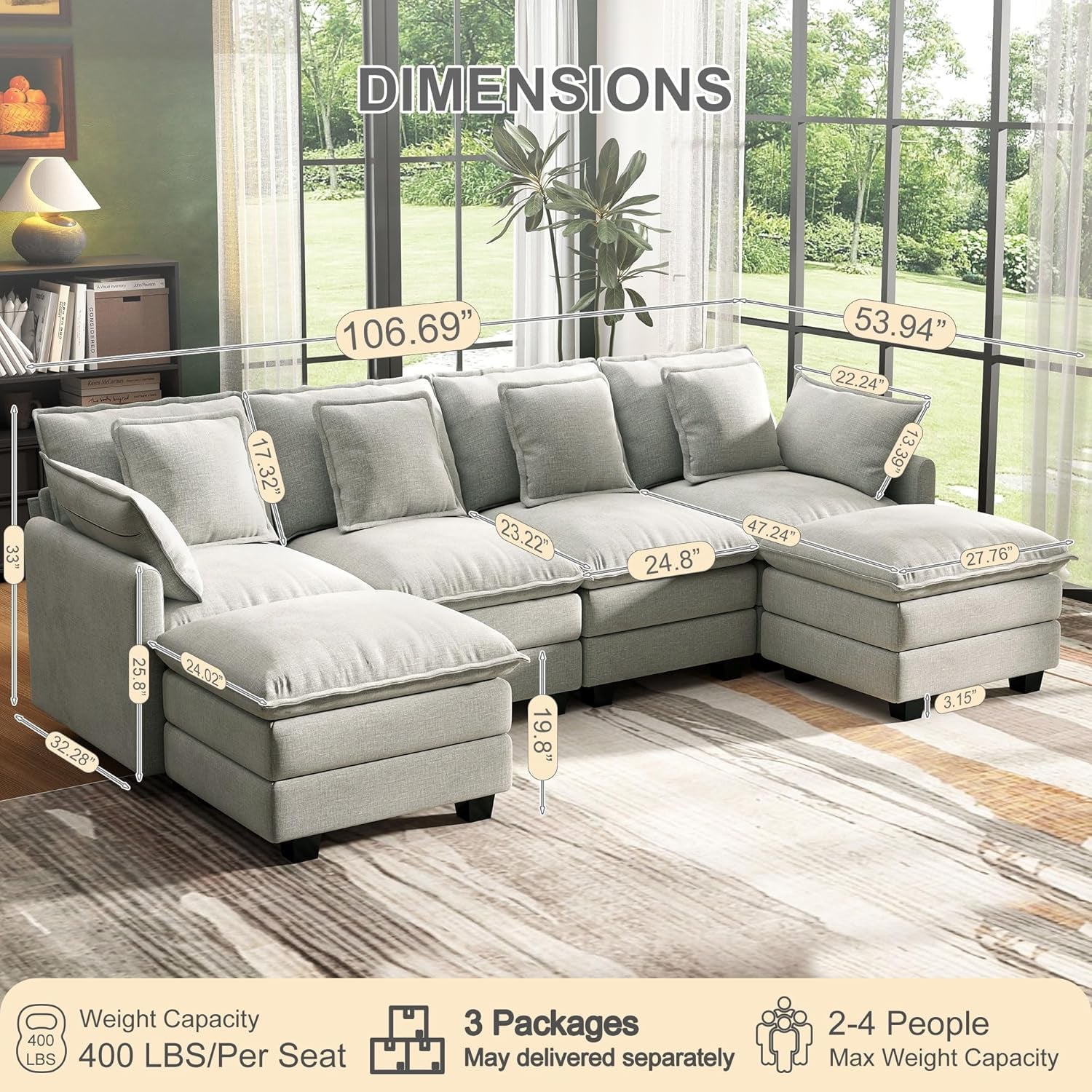 107" Cloud Couch Sectional, U Shaped Modular Sectional Sofa, 4-Seat Deep Seat Couch with 6 Removable Washable Pillows and 2 Ottoman for Living Room, Bedroom, Apartment, Light Grey
