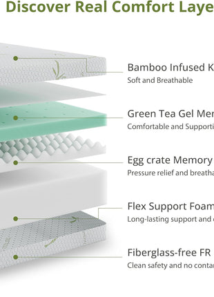 8-Inch Twin Mattress with Cooling Green Tea Gel Memory Foam for Enhanced Pressure Relief, Medium Plush, Fiberglass-Free, Bed in a Box, CertiPUR-US Certified, Green