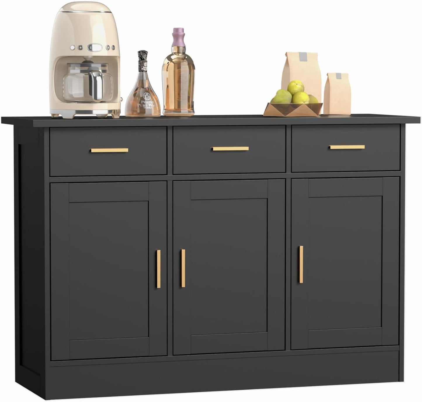 Buffet Cabinet with Storage - Buffets & Sideboards Kitchen Storage Cabinet, Wood Console Table Coffee Bar Accent Cabinets for Living Room Dining Room Entryway Large 3 Doors & Drawers, Black 47.2"W