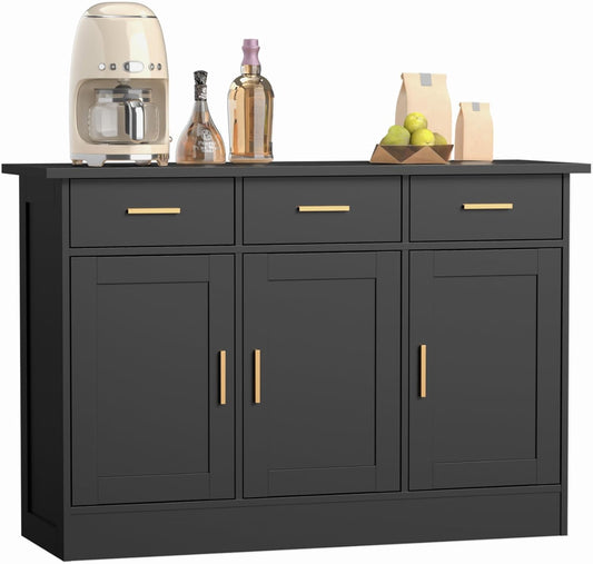 Buffet Cabinet with Storage - Buffets & Sideboards Kitchen Storage Cabinet, Wood Console Table Coffee Bar Accent Cabinets for Living Room Dining Room Entryway Large 3 Doors & Drawers, Black 47.2"W