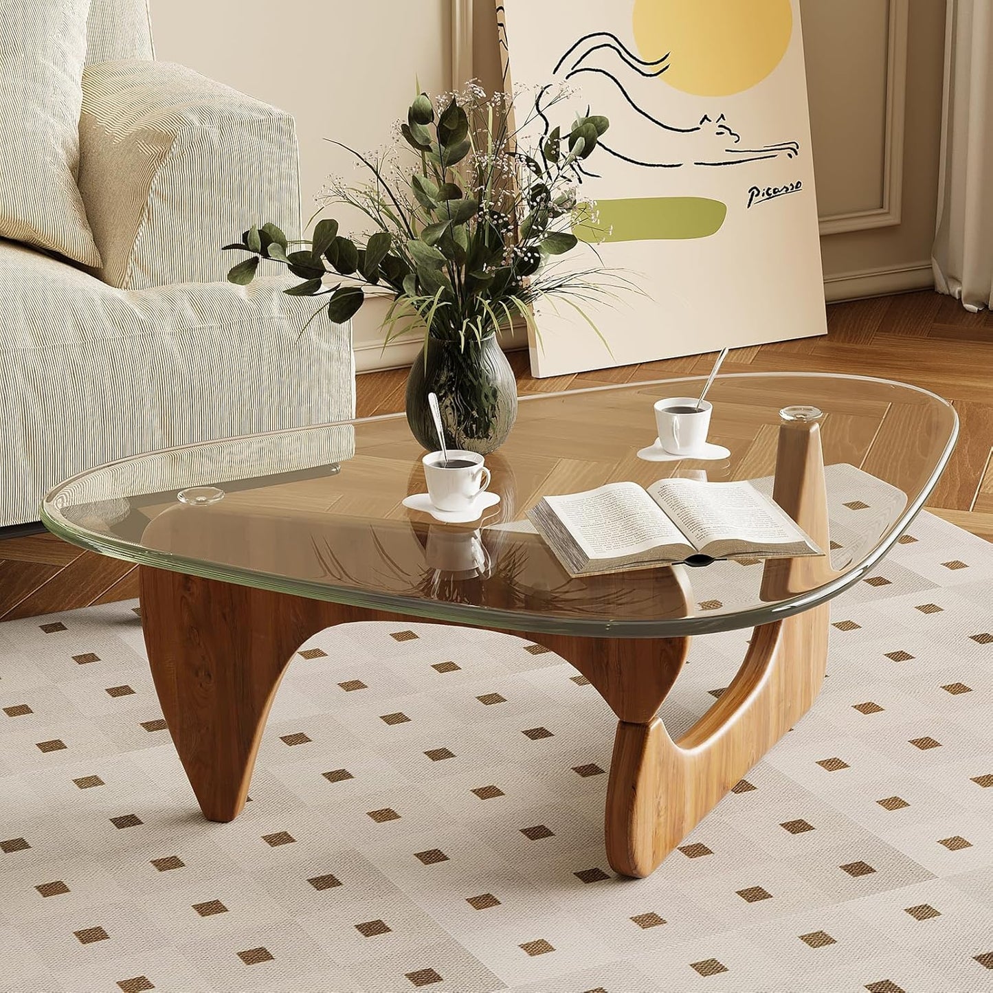 Coffee Table for Living Room Mid Century Modern Center Table with Glass Top, Walnut Transparent