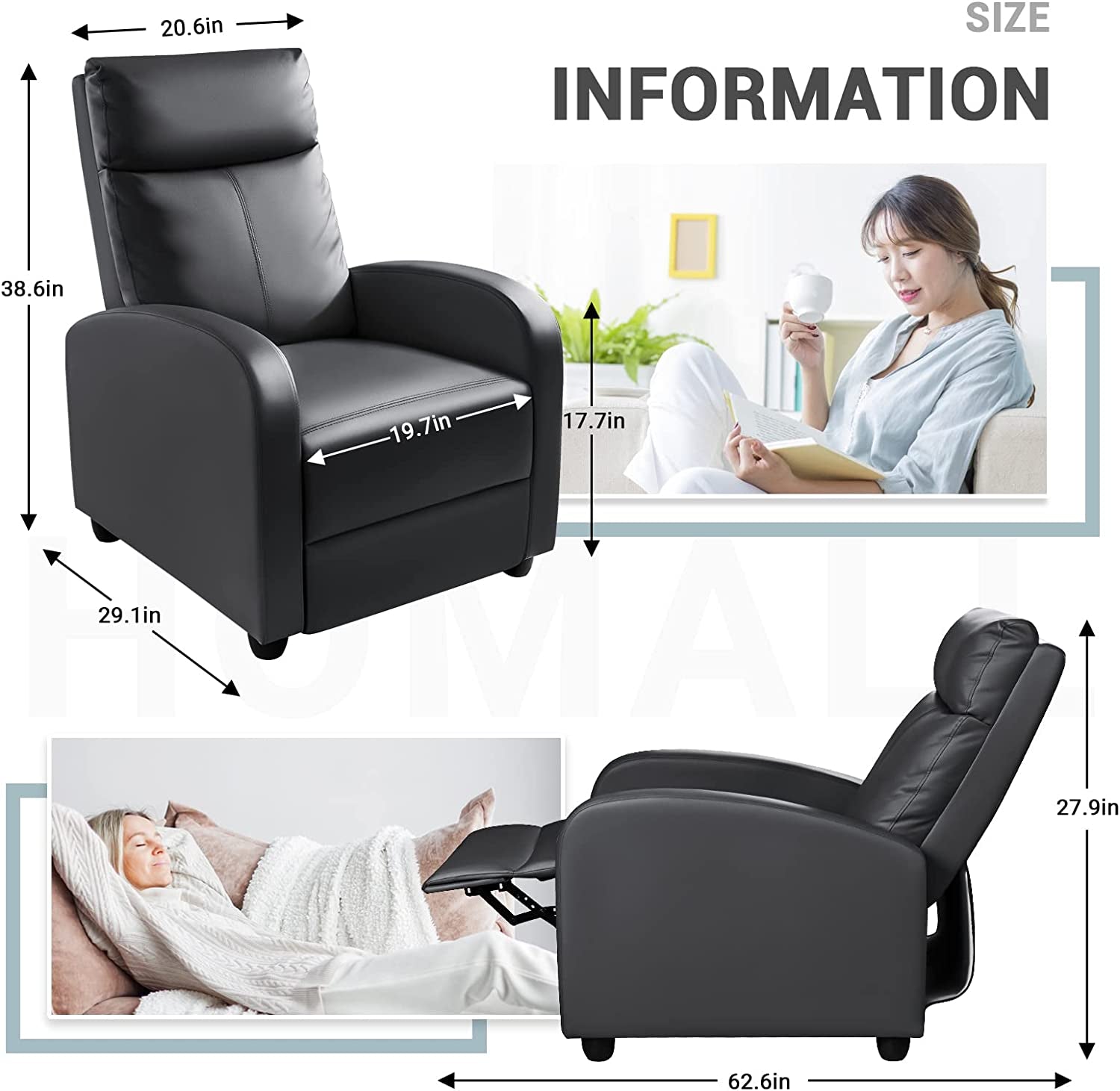 Modern Recliner Chair Padded Seat Pu Leather for Living Room Single Sofa Recliner Seat Club Chair Home Theater Seating (Black)