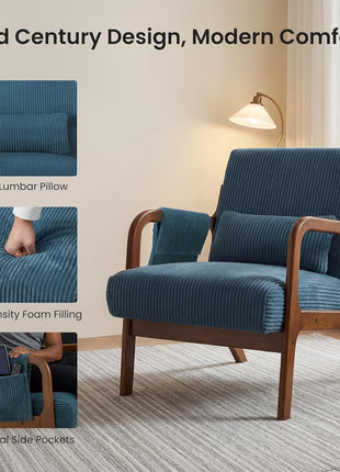 Mid-Century Modern Upholstered Accent Chair with Lumbar Support and Solid Wood Frame, Ideal for Compact Living Spaces, Navy Blue