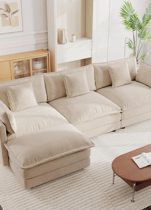 111.5" Modular Sectional Sofa - L-Shaped 3-Seater with Movable Ottoman in Light Coffee Finish