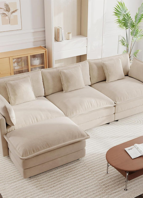 111.5" Modular Sectional Sofa - L-Shaped 3-Seater with Movable Ottoman in Light Coffee Finish