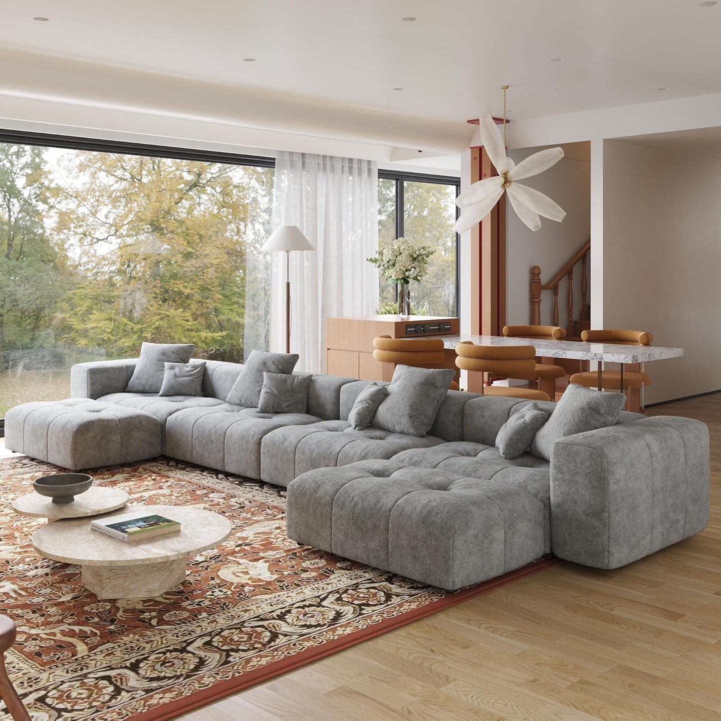 183.5 Inch U-Shaped Modular Sectional Sofas, Modern 4-Seater Couch with Chaise Ottomans, Mid Century Modern Sectional Couches, Cozy Sleeper Sofa for Living Room (Linen Fabric, Grey)