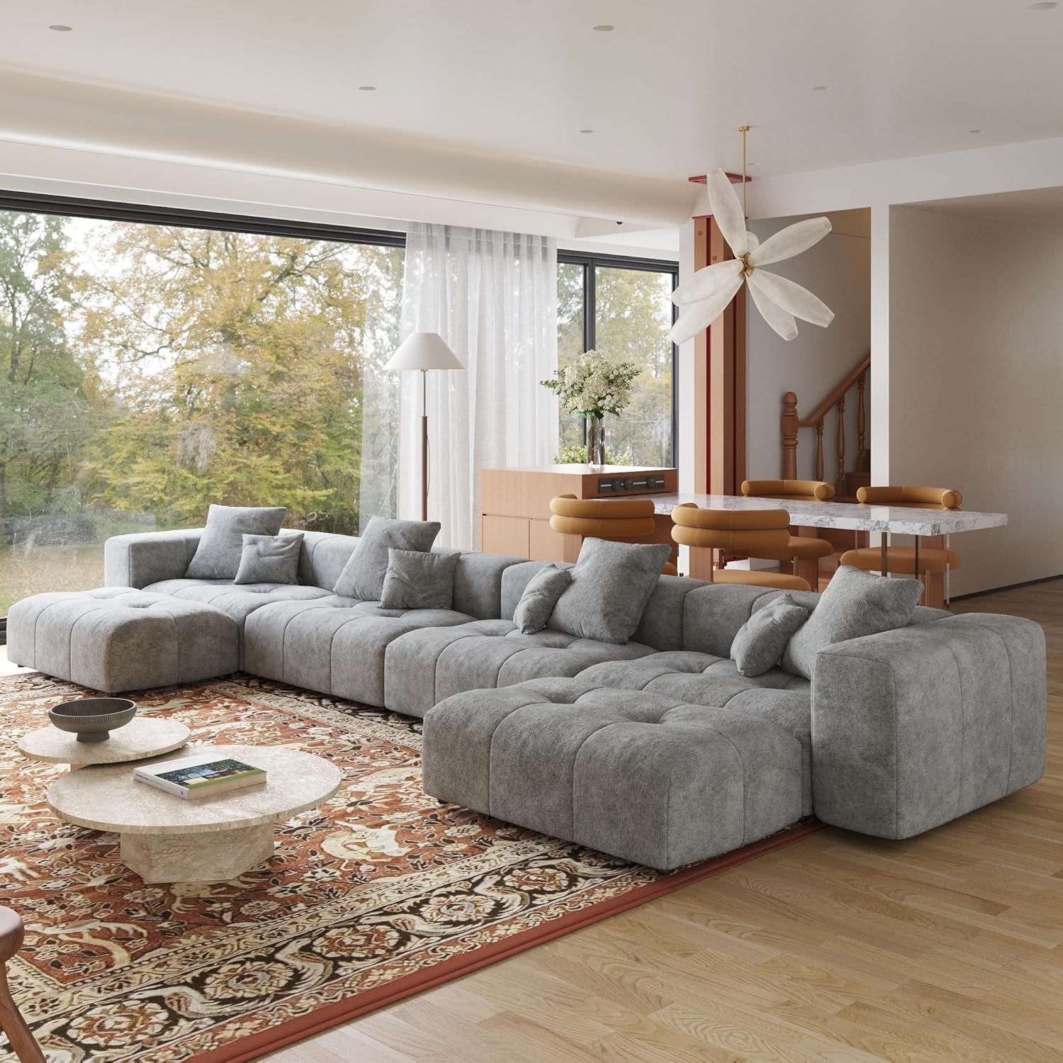 183.5 Inch U-Shaped Modular Sectional Sofas, Modern 4-Seater Couch with Chaise Ottomans, Mid Century Modern Sectional Couches, Cozy Sleeper Sofa for Living Room (Linen Fabric, Grey)