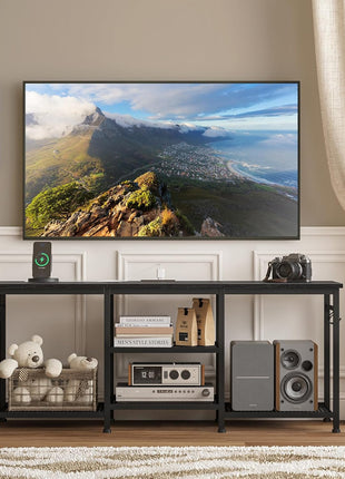 TV Stand for Up to 55-Inch TVs, Entertainment Center with Power Outlet and Open Storage Shelves, Black Console Table for Living Room and Bedroom
