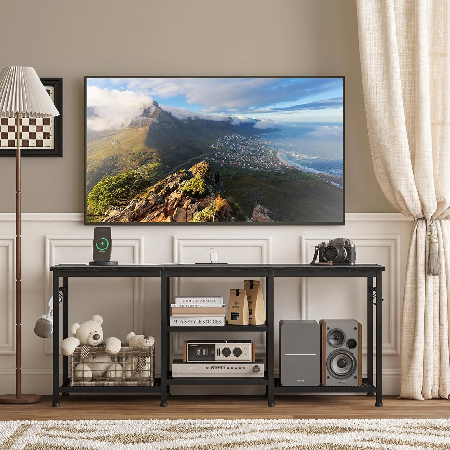 Entertainment Center for up to 55 Inch Tvs, TV Stand with Power Outlet and Open Storage Shelves, TV Media Console Table for Living Room and Bedroom, Black