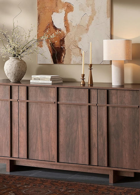 Mid-Century Modern Sideboard Buffet Cabinet with Storage, 63" Minimalist Credenza Featuring Skeleton Line and Wood Grain Texture for Living Room, Kitchen, Dining Room, and Entryway in Walnut Finish