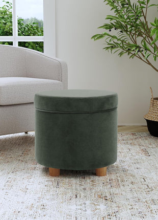 Upholstered Round Storage Ottoman in Loden Green Velvet for Living Room and Bedroom Decor