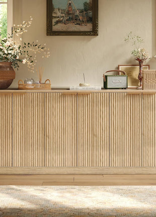 67-Inch Fluted Oak Buffet Cabinet Sideboard with Ample Storage, Mid-Century Modern Credenza Featuring 6 Doors for Kitchen and Living Room (67" x 31.5" x 15.7")