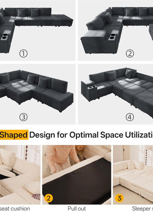 Spacious 110" L-Shaped Plush Corduroy Modular Sectional Sofa with Pull-Out Bed, 6-Seater Sleeper Couch, Ottoman, USB Ports, and Cup Holders - Effortless Assembly, Ideal for Living Room, Gray
