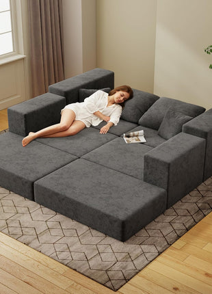 Cloud Modular Sectional Sofa - Contemporary L-Shaped Couch with Reversible Chaise, Customizable Sleeper Bed, Deep Seat and Non-Slip Design in Dark Grey, No Assembly Required