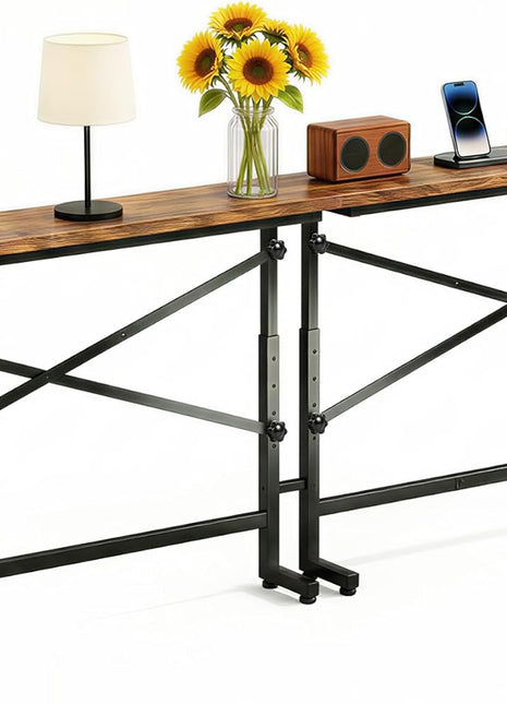 Height Adjustable 78.8" Console Table with Power Outlets and USB-C Ports, Narrow Rustic Brown Sofa Table for Living Room and Entryway (24.8"-32.5")