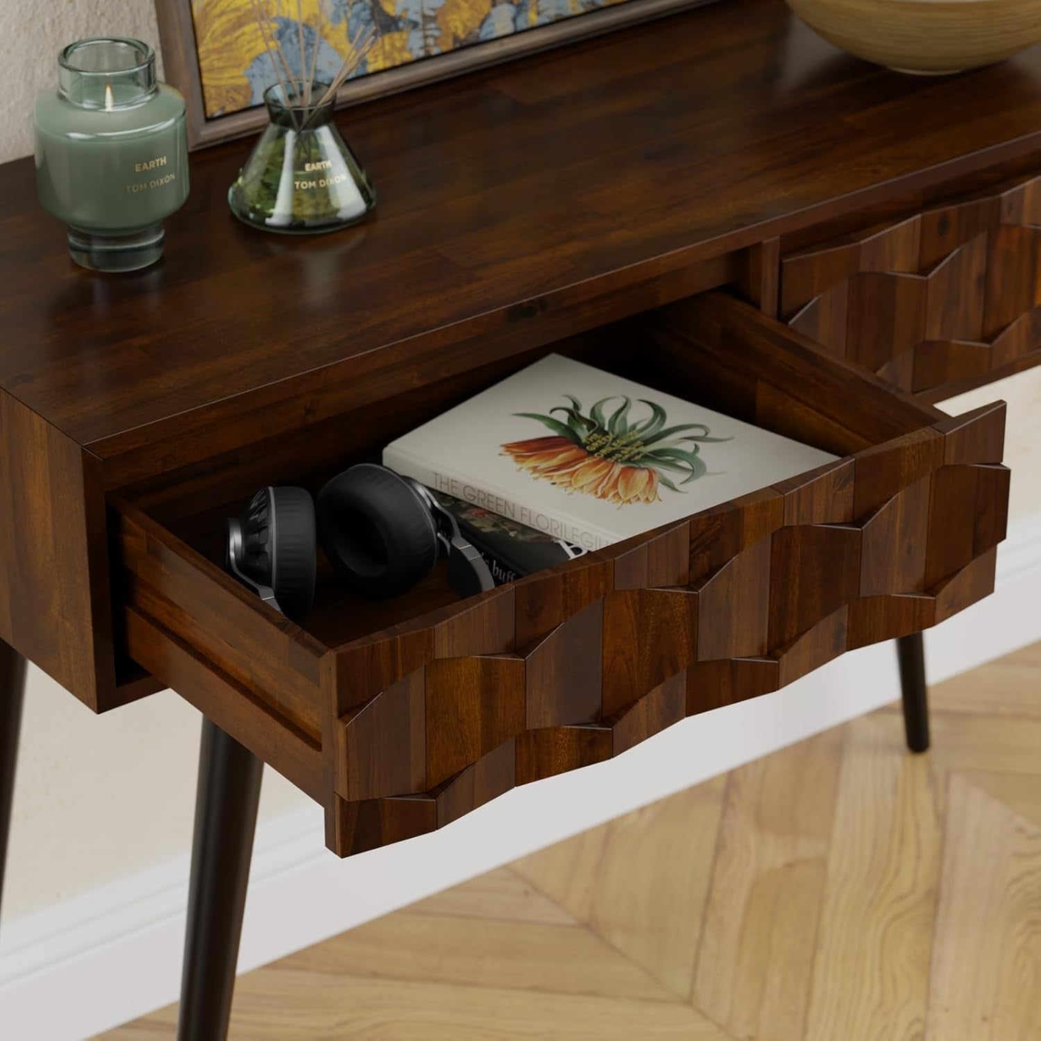 Console Modern Mid-Century 2 Drawers, Unique Geometric Design Sofa Table for Entryway, Hallway, Living Room, Walnut