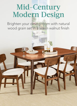 7-Piece Mid-Century Modern Wooden Dining Set with Upholstered Chairs and Rounded Table Corners in Walnut and Cream