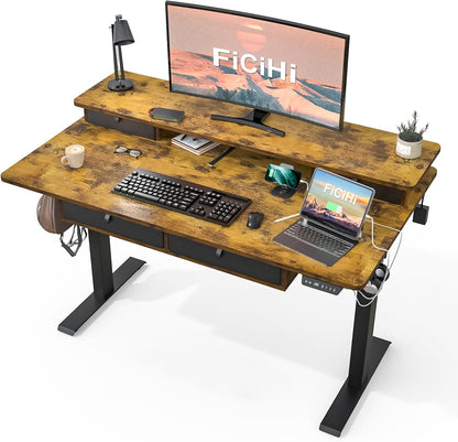 Adjustable Height Standing Desk with 4 Drawers,55 X 30 Inches Electric Sit Stand Home Office Desk with Two Tiers, 3 Memory Presets, Monitor Stand Riser, USB A/C Charging Port