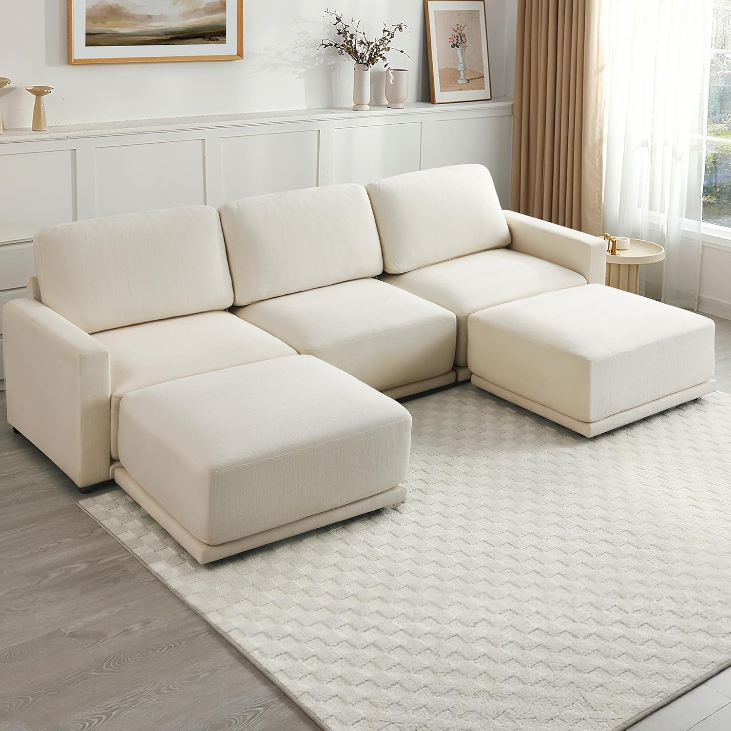 112" Modular Sectional Couches for Living Room, U-Shaped Modern Sofa with Ottomans, 5-Piece Chenille Sofa Set for Home Furniture, Beige