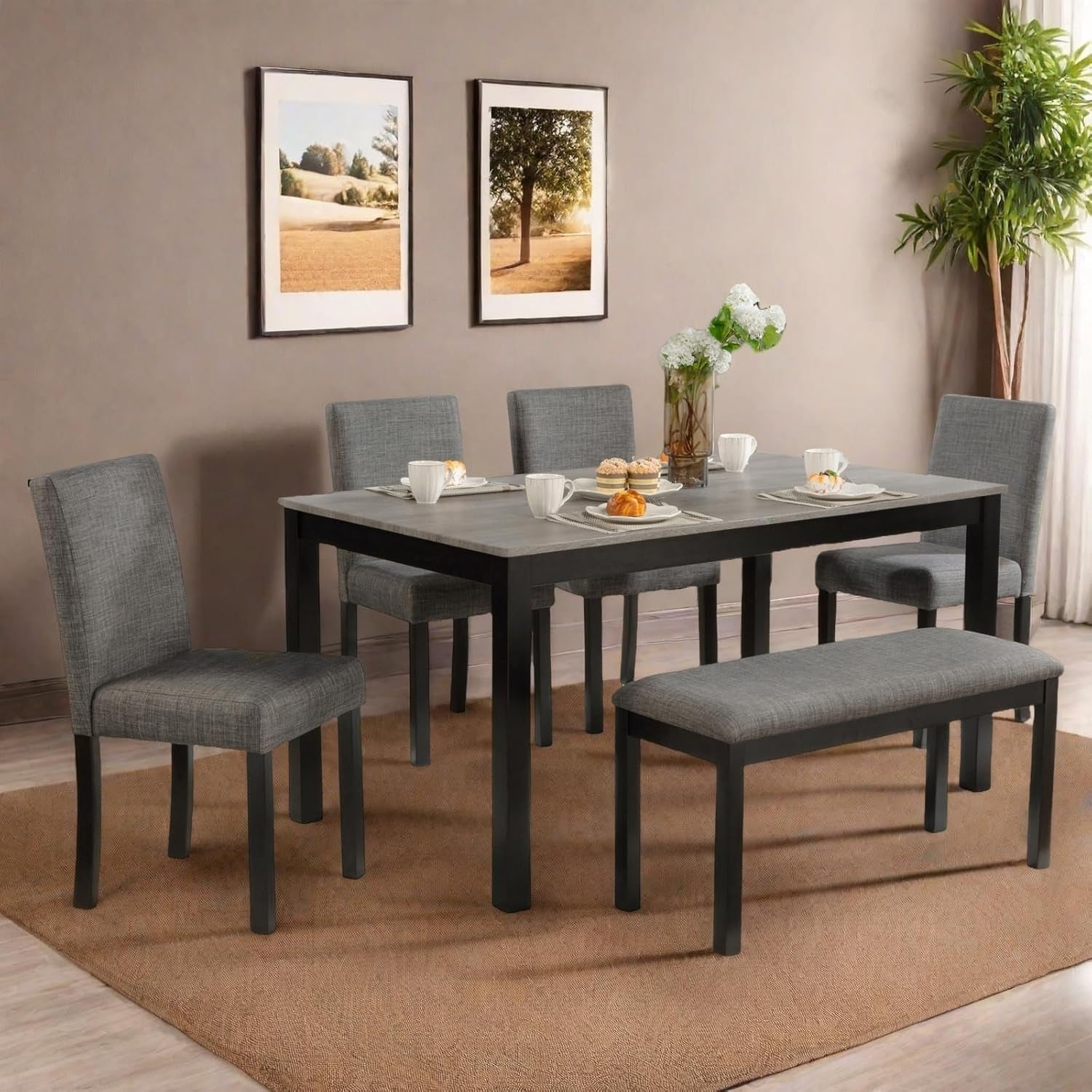Dining Table Set for 5, Modern 6 Piece Dining Room Table Set with Rectangular Table 4 Upholstered Backrest Chairs and a Bench, Counter Height Kitchen Sets with Wood Grain Surface, Black