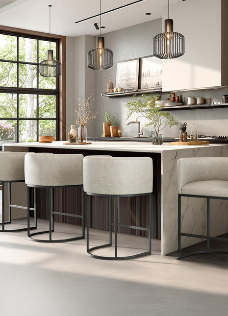 Set of 4 Contemporary 24-Inch Faux Leather Counter Height Bar Stools with Metal Legs and Back Footrest in Greige (White)