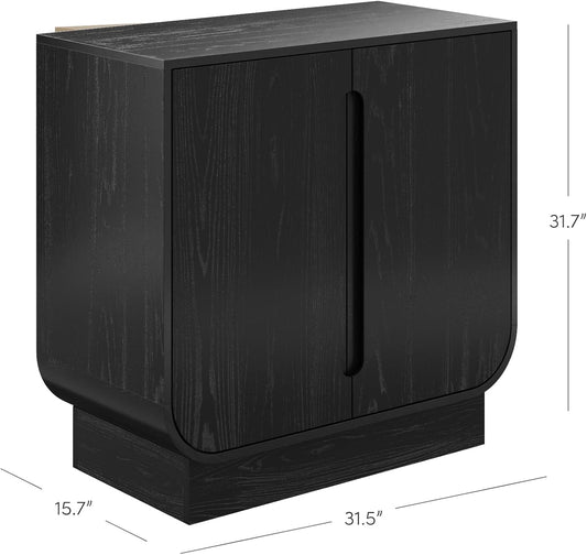 Joey Mid Century Modern Storage Cabinet, Arched Accent Cabinet with Rounded Bottom Edges and Integrated Door Pull Cutouts, Black Oak