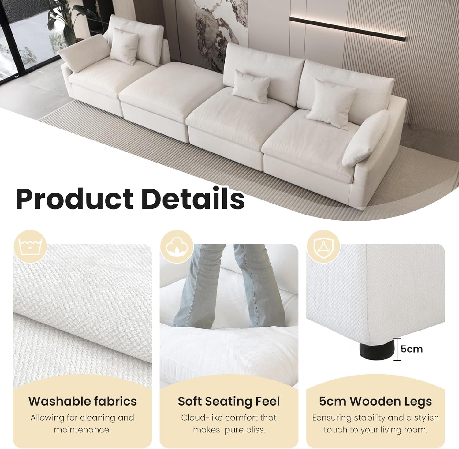 154" Modular Sectional Sofa Cloud Couch,Oversized Linen V-Shaped Sectional Sofa with Deep Seat, U-Shape 6-Seater Couch with Ottoman for Living Room in White