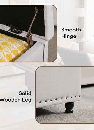 Oversized Tufted Upholstered Square Storage Ottoman Bench with Lift Top and Solid Wood Legs, Ideal Coffee Table for Living Room (Beige)