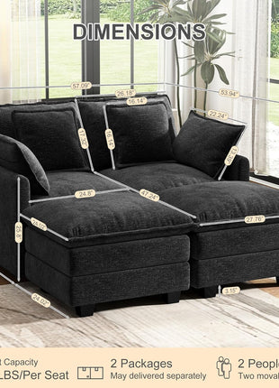 58-Inch Modular Sectional Loveseat with Deep Seating, Removable Washable Pillows, and Ottomans - Perfect for Living Room, Bedroom, or Apartment in Black