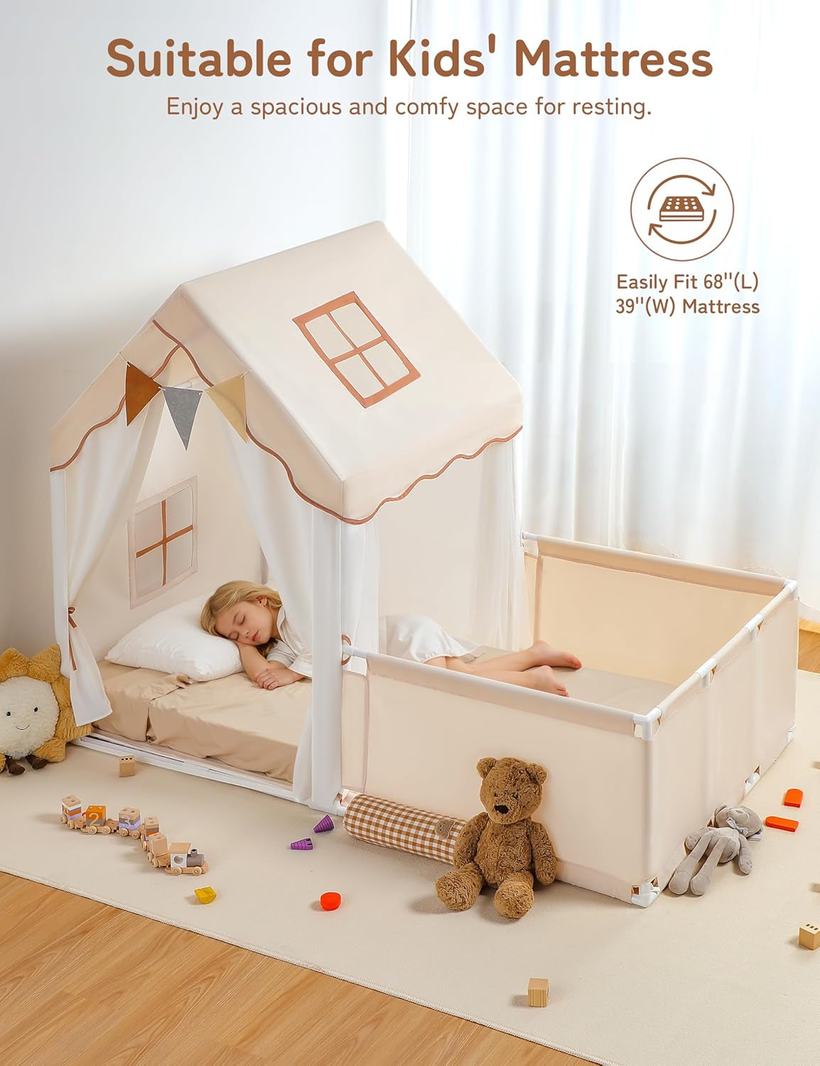 Kids Play Tent with Enclosure, Toddler Tent 2 in 1 with Padded Mat and Lights, Large Playhouse for Kids, Indoor & Outdoor, Christmas Toddler Playhouse, 69" X39" X 53"