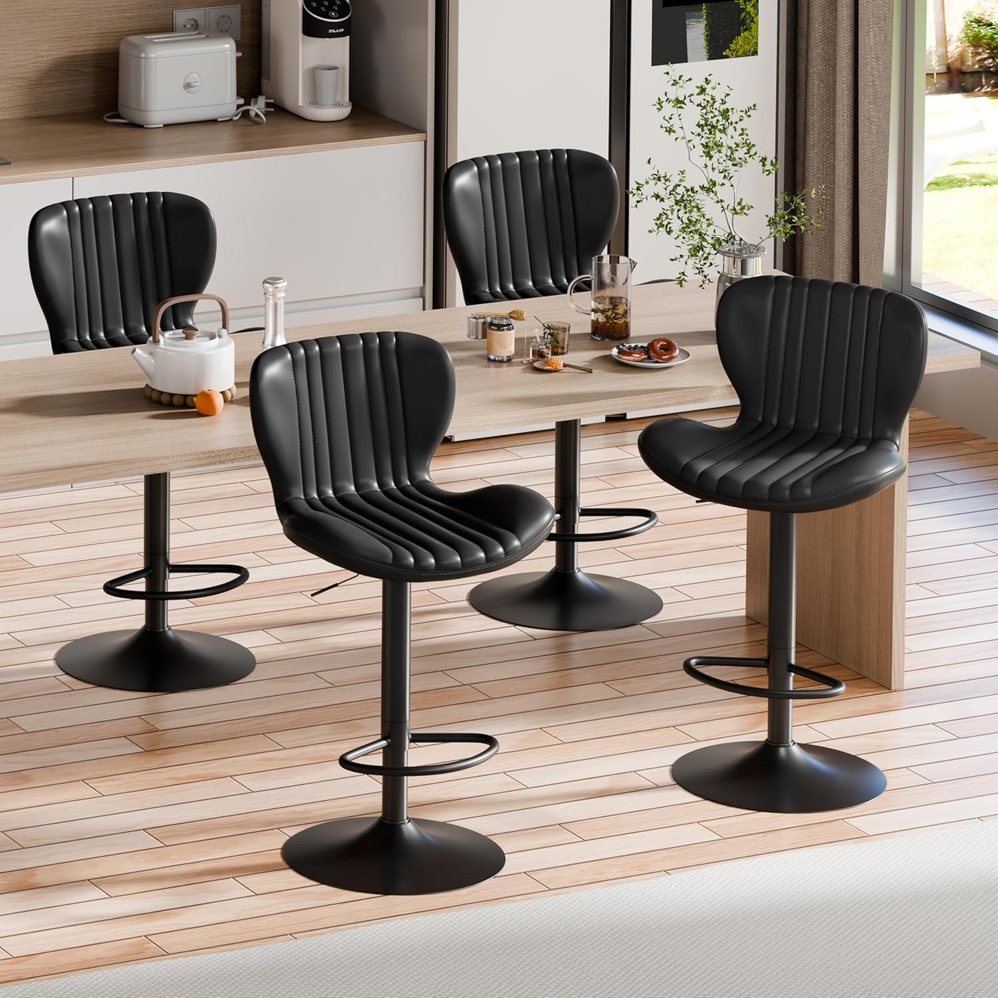 Bar Stools Set of 4 Modern Swivel Bar Chairs, Counter Height Faux Leather Metal Barstools, Upholstered Island Chairs with Back and Footrest, Black