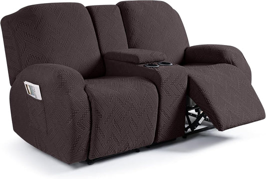 Stretch Loveseat Recliner Covers with Console 4-Pieces Recliner Sofa Covers with Pockets Jacquard Reclining Couch Covers Furniture Protector with Elastic Straps Bottom (2 Seater, Chocolate)