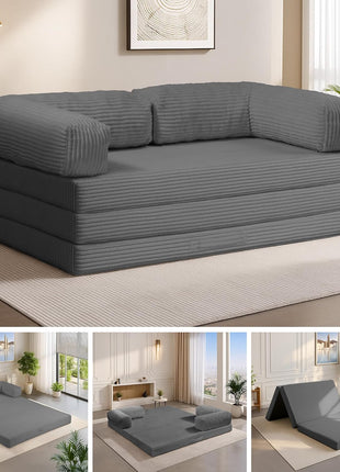 5-in-1 Convertible Sofa Bed - Elegant Boneless Couch with Removable L-Shaped Armrests, Tri-Folding Floor Mattress, and Pull-Out Bed for Enhanced Comfort
