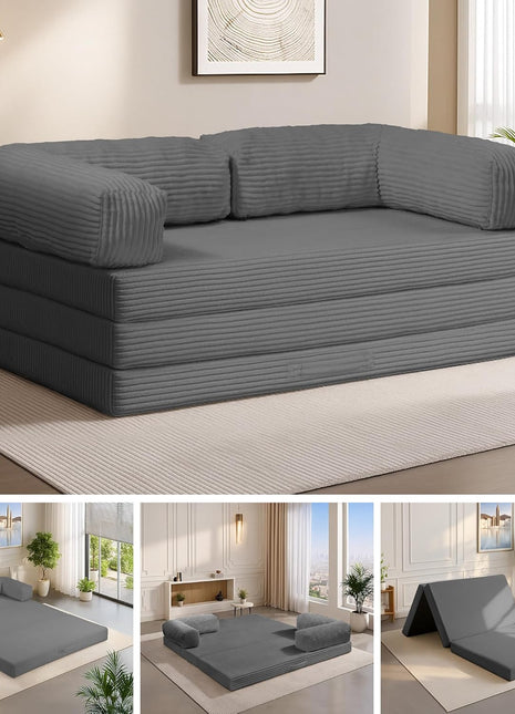 5-in-1 Convertible Sofa Bed - Elegant Boneless Couch with Removable L-Shaped Armrests, Tri-Folding Floor Mattress, and Pull-Out Bed for Enhanced Comfort