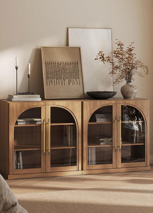 65" Arched Sideboard with Glass Doors, Accent Buffet Cabinet Featuring Storage and Adjustable Shelves, Classic Modern Console Table for Dining Room, Living Room, and Entryway (Camel)